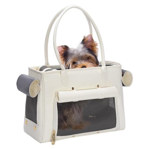 Fashion Pet Carrier Purse for Small Cat and Dog, Luxury Pu Soft-Sided Tote Bag with Large Pockets for Dogs and Puppies (White, 15.8" L x 7.5" W x 11.8" H)