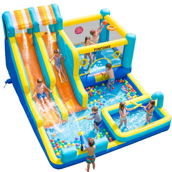 FINCOME Inflatable Bounce House, 10 in 1 Double Water Slide Bounce House with 750W Blower, Climbing Wall, Jumping, Water Gun, Splash Pool, Basketball Hoop for Kids Indoor...