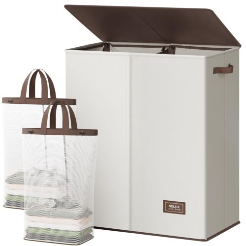 SOLEDI Luxury Double Laundry Hamper with Lid and Removable Bags, 38.3 Gal Large Laundry Bin, Laundry Basket 2 Sections, Collapsible Clothes Hamper for Bedroom, Laundry Room,... SOLEDI Luxury Double Laundry Hamper with Lid and Removable Bags, 38.3 Gal Large Laundry Bin, Laundry Basket 2 Sections, Collapsible Clothes Hamper for Bedroom, Laundry Room,...